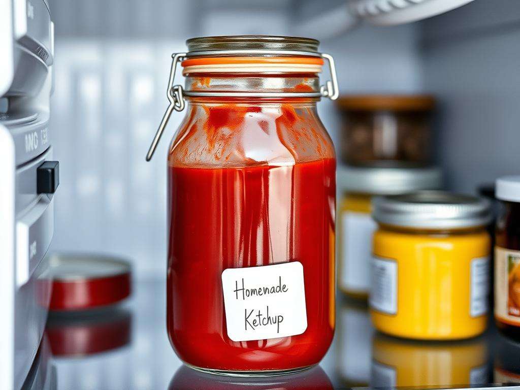 Selbstgemachter Ketchup in einem Bügelglas im Kühlschrank Selbstgemachter Ketchup in einem Bügelglas im Kühlschrank