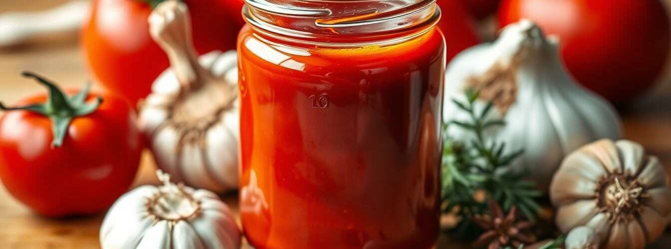 Selbstgemachter Ketchup in einem Glas mit frischen Tomaten und Gewürzen daneben