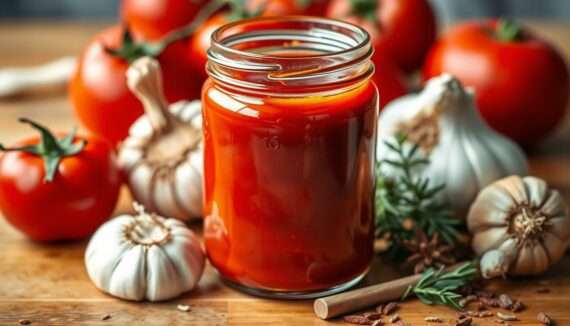 Selbstgemachter Ketchup in einem Glas mit frischen Tomaten und Gewürzen daneben