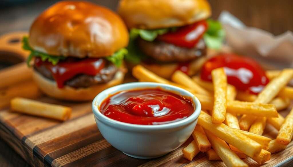 Selbstgemachter Ketchup serviert mit Pommes und Burgern Selbstgemachter Ketchup serviert mit Pommes und Burgern