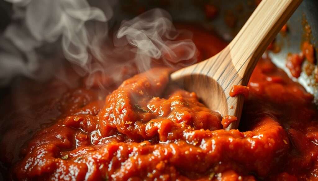 Tomatenmark wird mit Gewürzen in einer Pfanne angeröstet Tomatenmark wird mit Gewürzen in einer Pfanne angeröstet