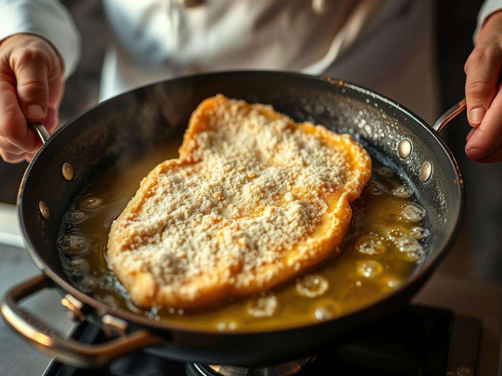 Traditionelle Zubereitung eines Wiener Schnitzels in einer Pfanne mit Butterschmalz Traditionelle Zubereitung eines Wiener Schnitzels in einer Pfanne mit Butterschmalz