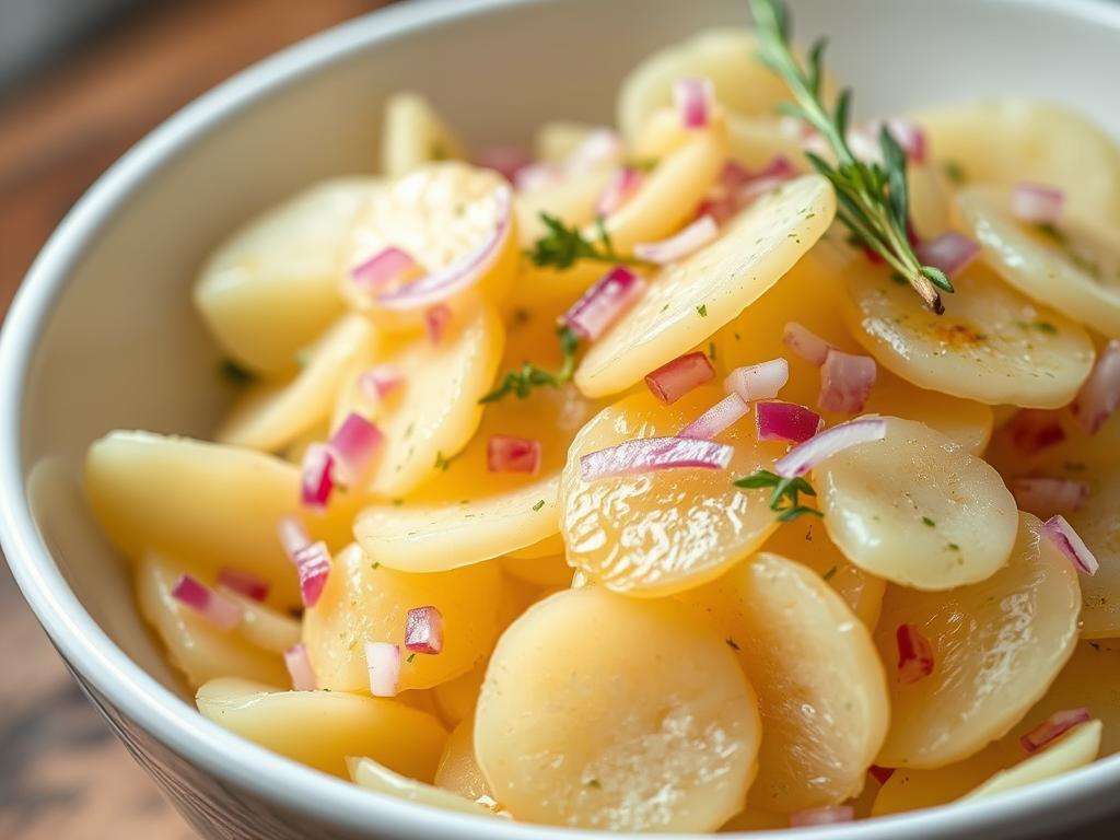 Traditioneller Erdäpfelsalat als Beilage zum Wiener Schnitzel Traditioneller Erdäpfelsalat als Beilage zum Wiener Schnitzel