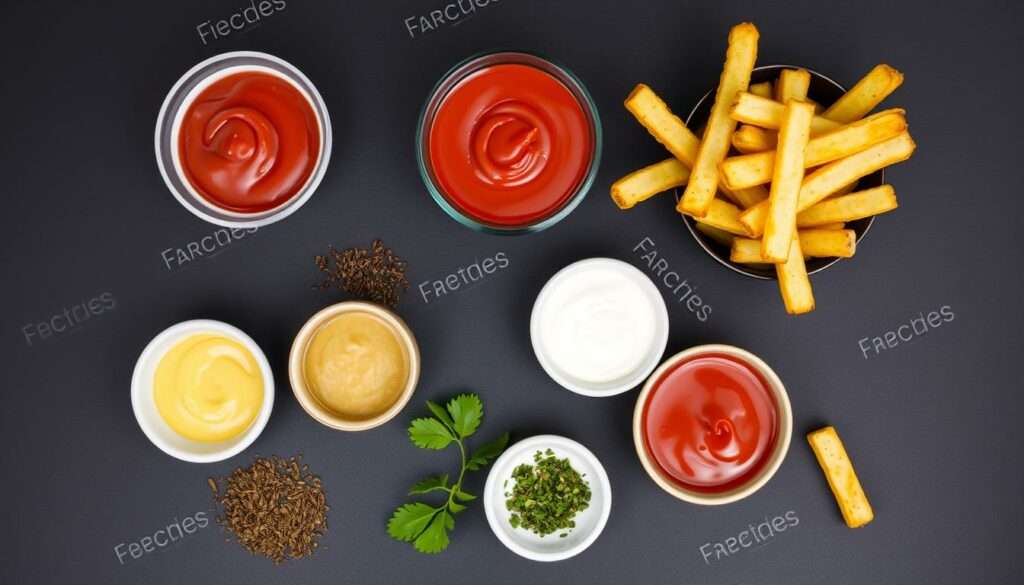 Verschiedene Dips und Gewürze für Pommes Verschiedene Dips und Gewürze für Pommes