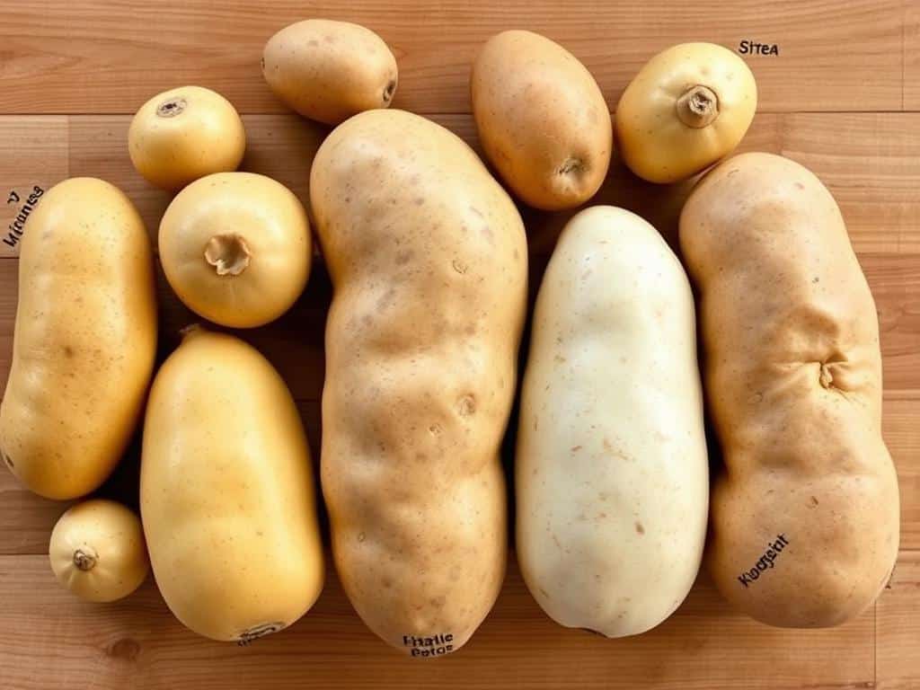 Verschiedene Kartoffelsorten für Pommes nebeneinander Verschiedene Kartoffelsorten für Pommes nebeneinander