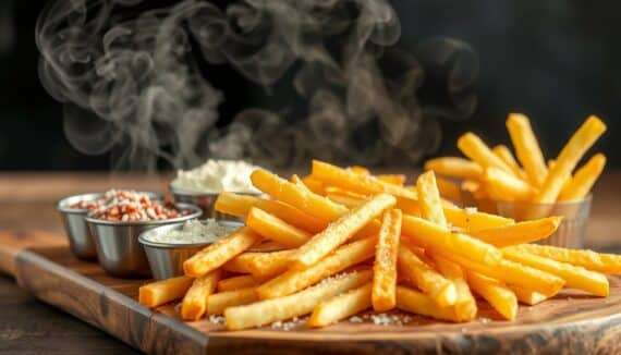 Verschiedene Sorten Tiefkühl-Pommes in appetitlicher Anrichtung