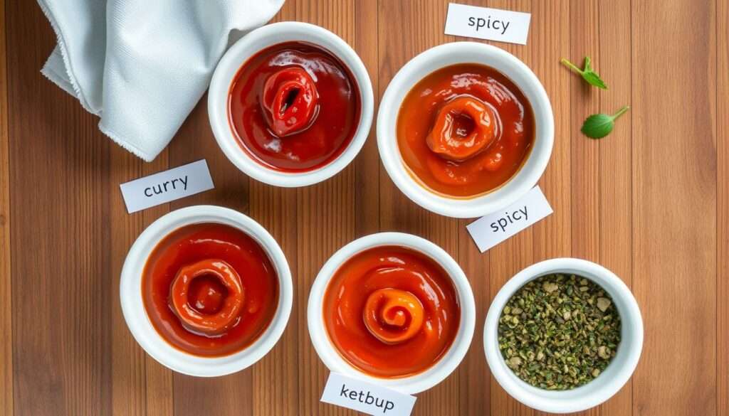 Verschiedene Variationen von selbstgemachtem Ketchup in kleinen Schälchen Verschiedene Variationen von selbstgemachtem Ketchup in kleinen Schälchen