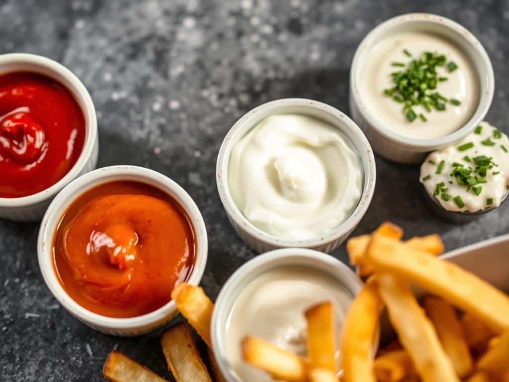Verschiedene hausgemachte Dips für Pommes Verschiedene hausgemachte Dips für Pommes
