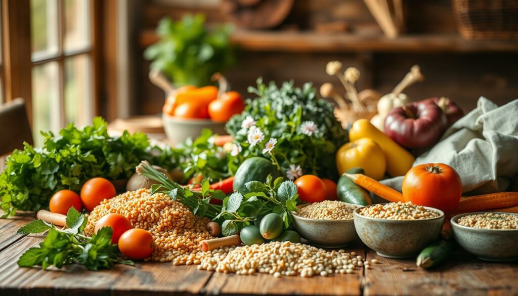 Vibrant array of vegetarian recipe ideas on a rustic wooden table, illuminated by warm natural light. An assortment of fresh vegetables, herbs, and whole grains takes center stage, complemented by delicate floral accents. The composition invites the viewer to explore the mouthwatering possibilities of a delightful vegetarian menu, perfect for hosting guests. Soft focus and shallow depth of field emphasize the inviting textures and colors, creating a serene, appetizing atmosphere.