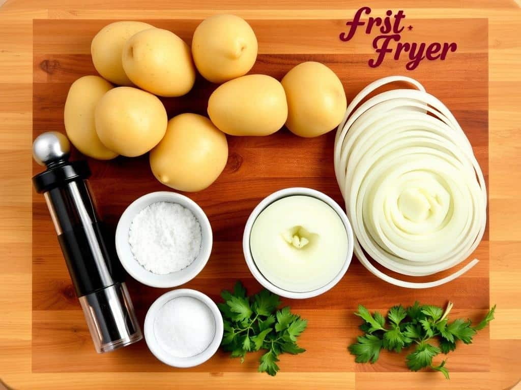 Zutaten für Bratkartoffeln im Airfryer auf einem Holzbrett arrangiert Zutaten für Bratkartoffeln im Airfryer auf einem Holzbrett arrangiert