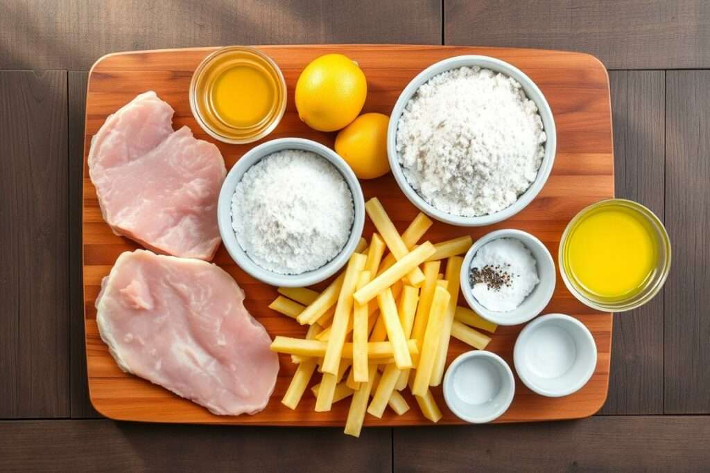 Zutaten für Pommes mit Wiener Schnitzel vom Kalb auf einem Holzbrett arrangiert Zutaten für Pommes mit Wiener Schnitzel vom Kalb auf einem Holzbrett arrangiert