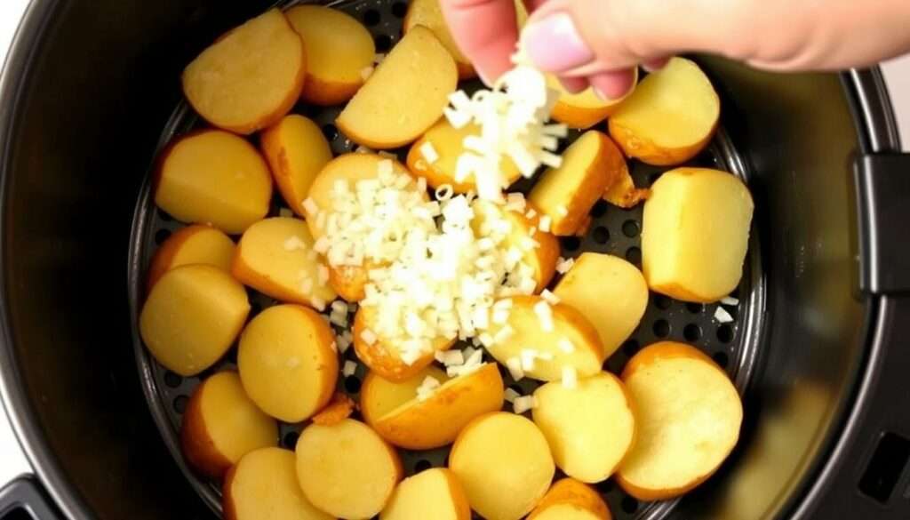 Zwiebelwürfel werden zu den halb gegarten Kartoffeln gegeben Zwiebelwürfel werden zu den halb gegarten Kartoffeln gegeben